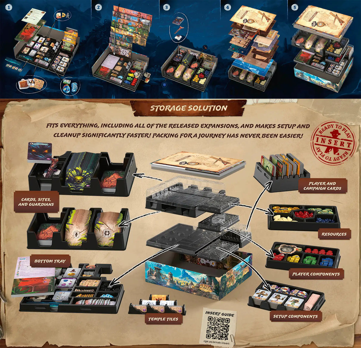 Las Ruinas Perdidas de Arnak: Cofre de Aventuras, interior y organizador