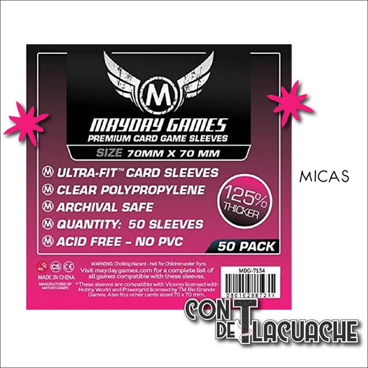 Micas Cuadradas Pequeñas (70x70mm) Premium Protection (50pzas) | Mayday Games - Con T de Tlacuache - Mayday Games